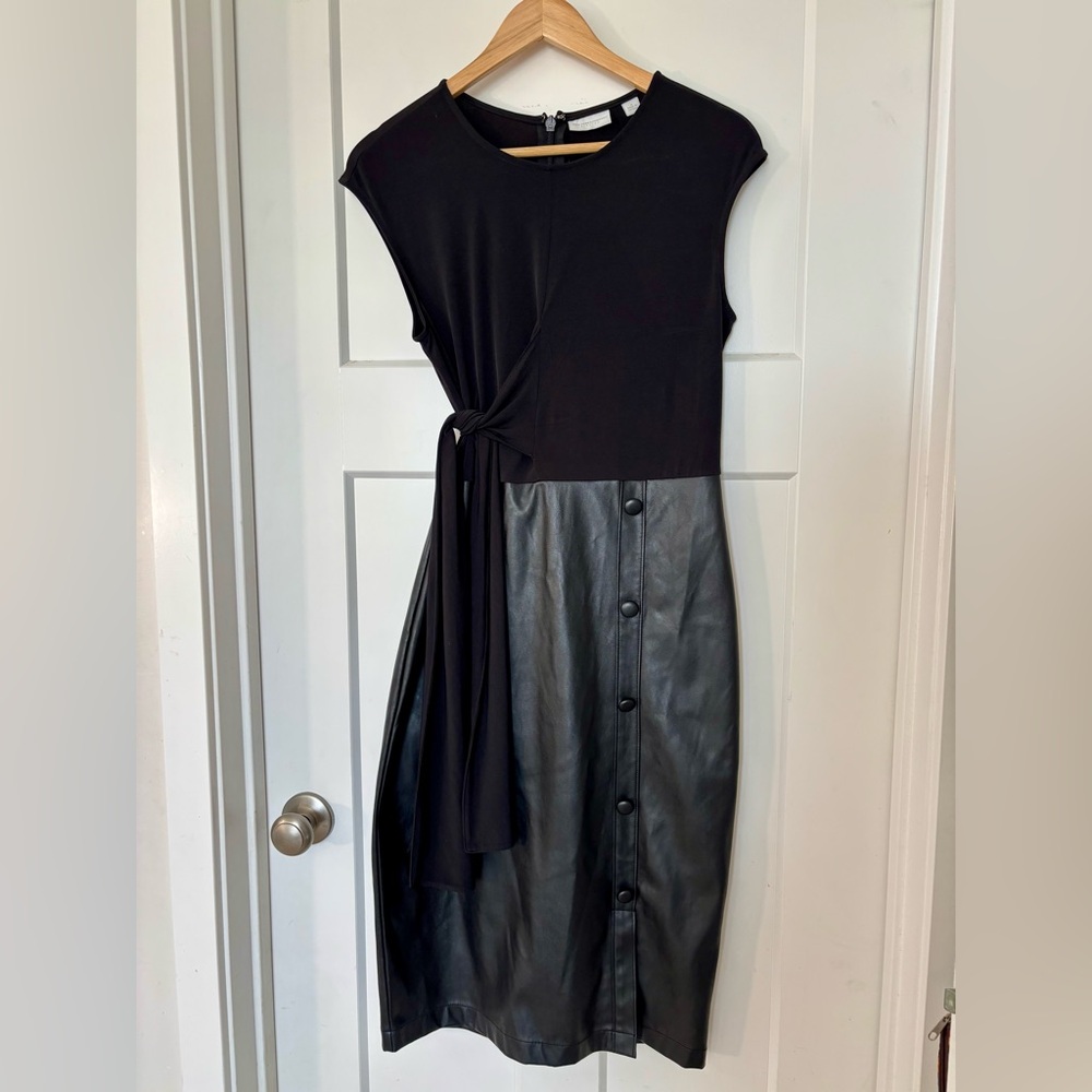 Black Faux Leather Midi Dress with Side Tie